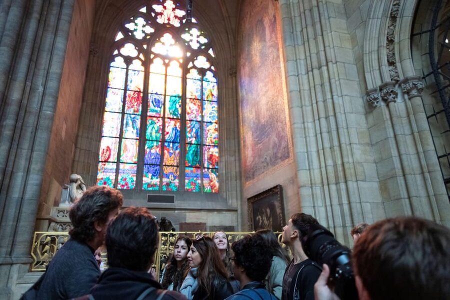 Prague Castle Interiors, Bus Tour and Vltava River Cruise - St. Vitus Cathedral: gargoyles, stained glass, and the Last Judgment mosaic